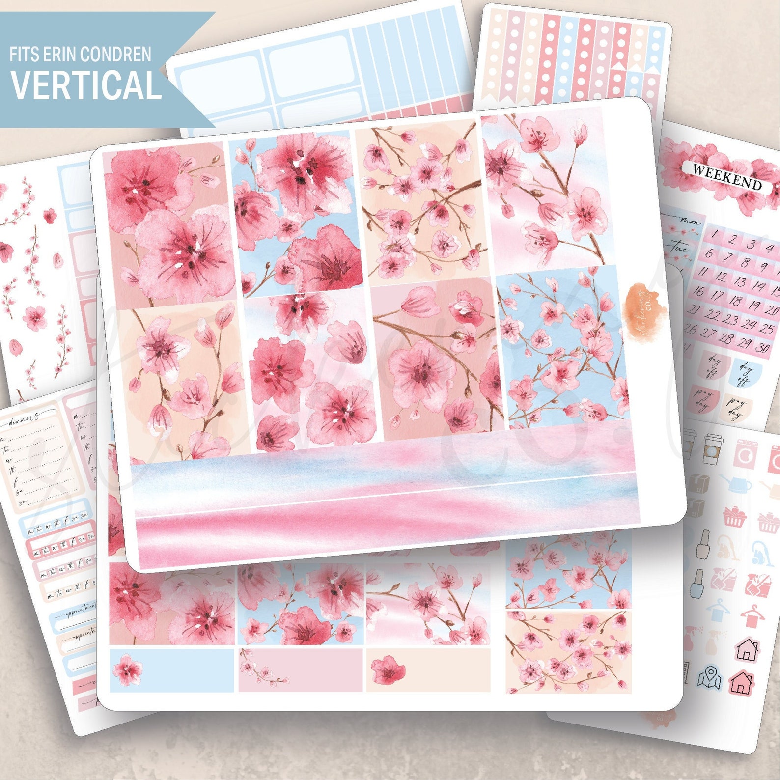 Vertical Cherry Blossoms Weekly Sticker Kit, Erin Condren Lifeplanner ...