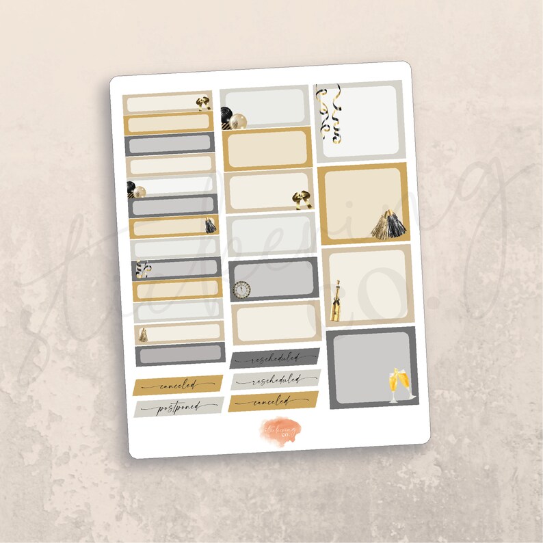 May include: A set of New Year's Eve themed planner stickers with gold, black, and white accents. The stickers include various shapes and sizes with text such as "canceled", "rescheduled", and "postponed".
