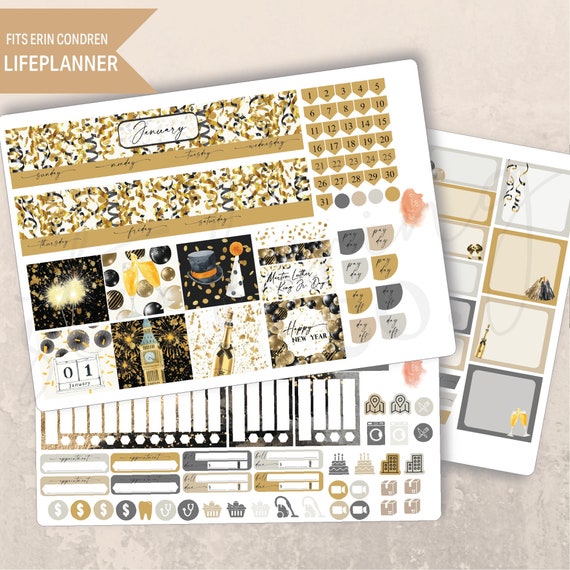 January New Year's Eve Monthly Planner 7x9 Sticker Kit, Erin Condren, Printed stickers, Watercolor, Winter, Holiday, Party, Gold Balloons