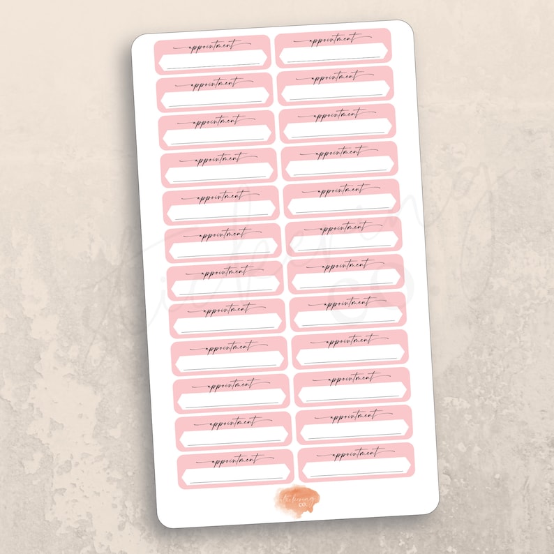 May include: A sheet of pink and white appointment stickers with the word "appointment" written in black cursive on each sticker.