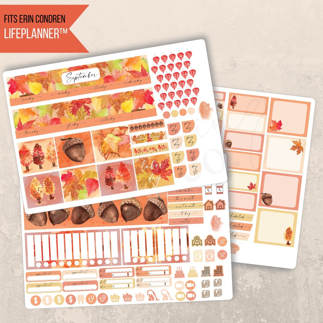 September Autumn Leaves Monthly Planner 7x9 Sticker Kit, Erin Condren ...