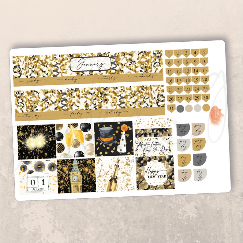 May include: A sheet of planner stickers with a gold and black confetti theme. The stickers include a calendar for January, daily boxes, and various decorative elements like champagne bottles, fireworks, and a clock tower. The text "Happy New Year" and "Martin Luther King Jr. Day" are also included.