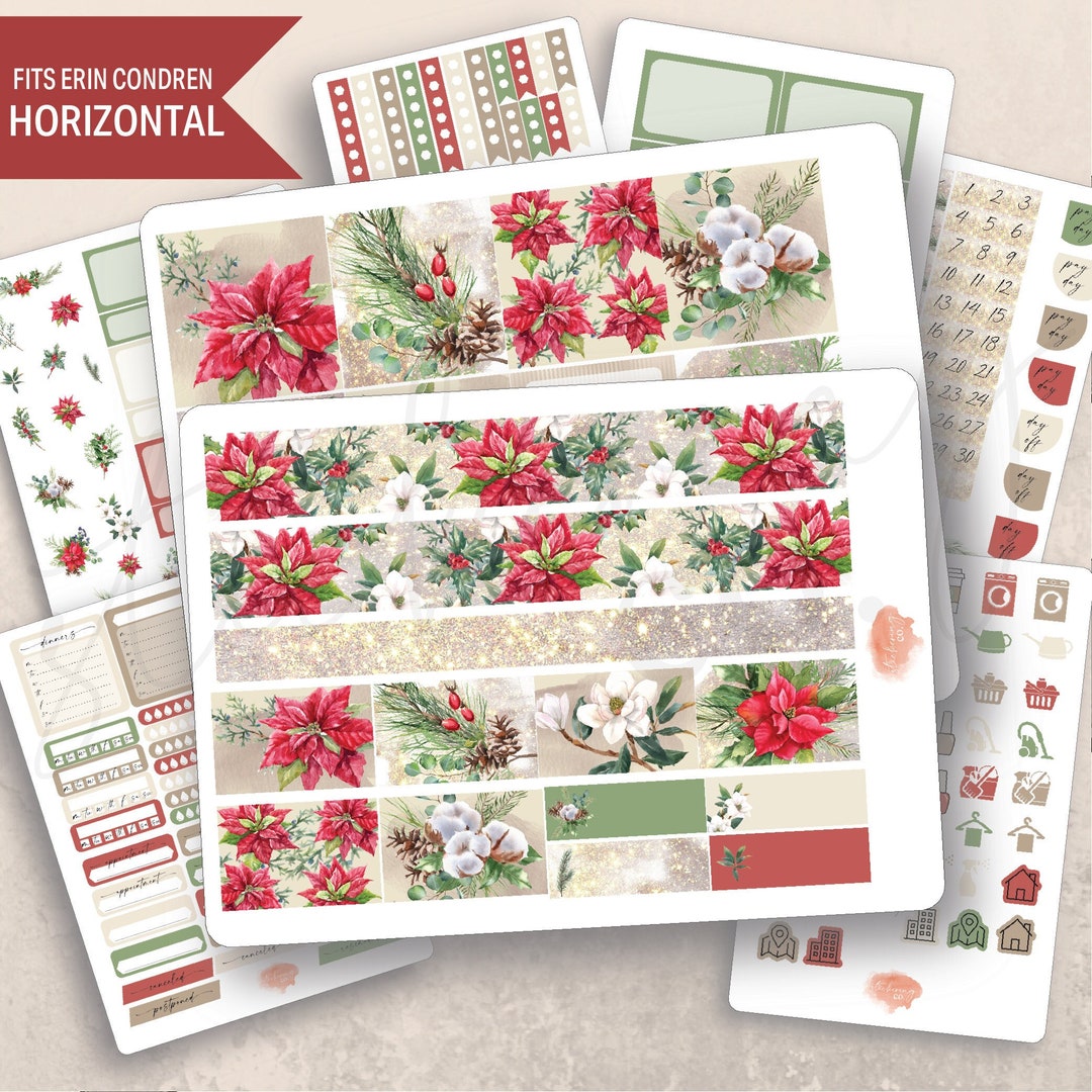 Horizontal Poinsettias Weekly Sticker Kit, Erin Condren Lifeplanner 7x9 ...