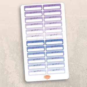 May include: A sheet of 20 purple and blue gradient appointment stickers with a rounded rectangular shape and a blank space for writing.