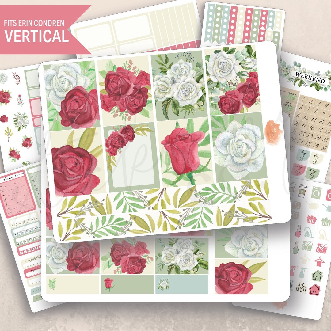 Vertical Roses Weekly Sticker Kit, Erin Condren Lifeplanner 7x9, Floral ...
