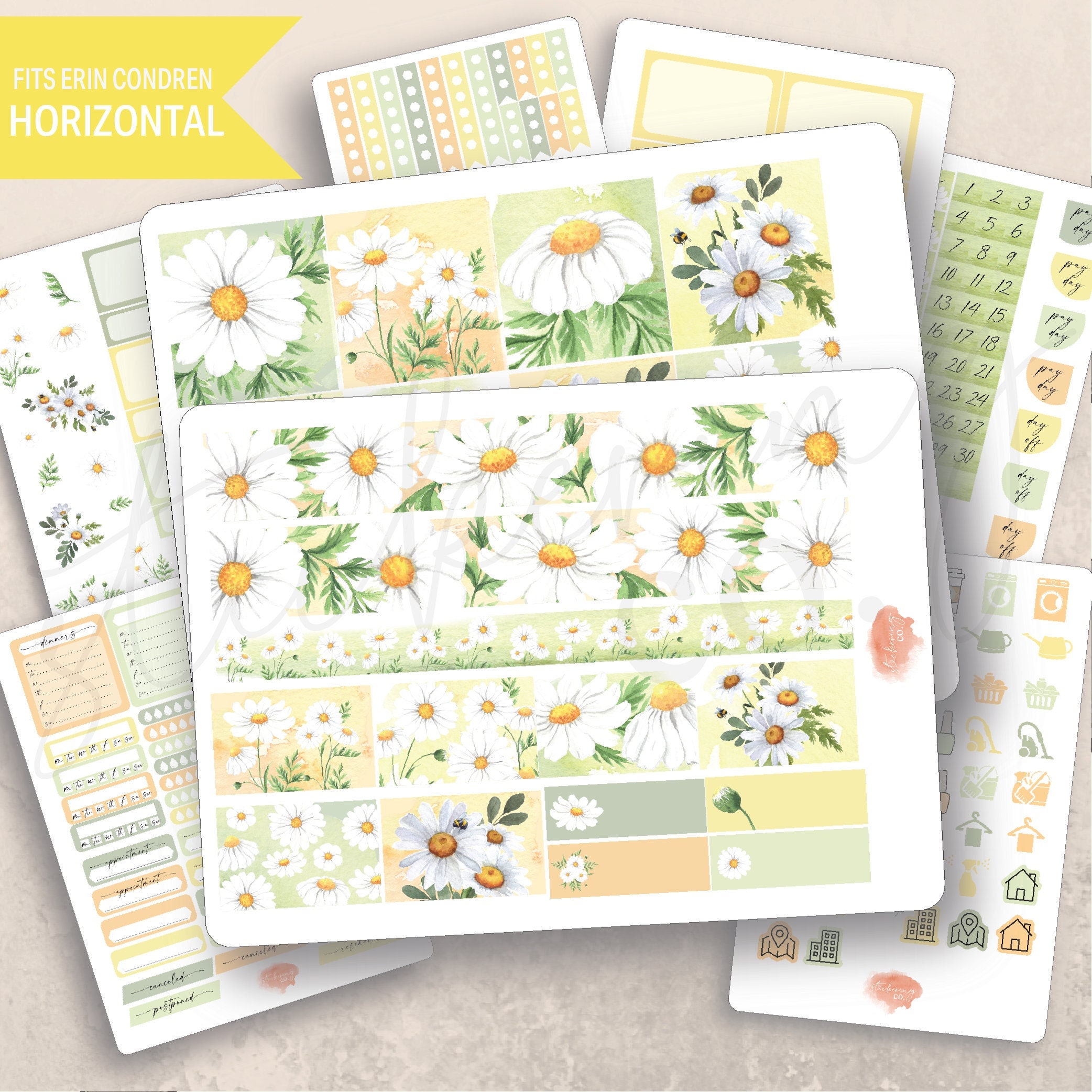 Horizontal Daisies Weekly Sticker Kit, Erin Condren LifePlanner 7x9, Printed stickers, Weekly planner, Floral, Spring, Aesthetic, Minimal