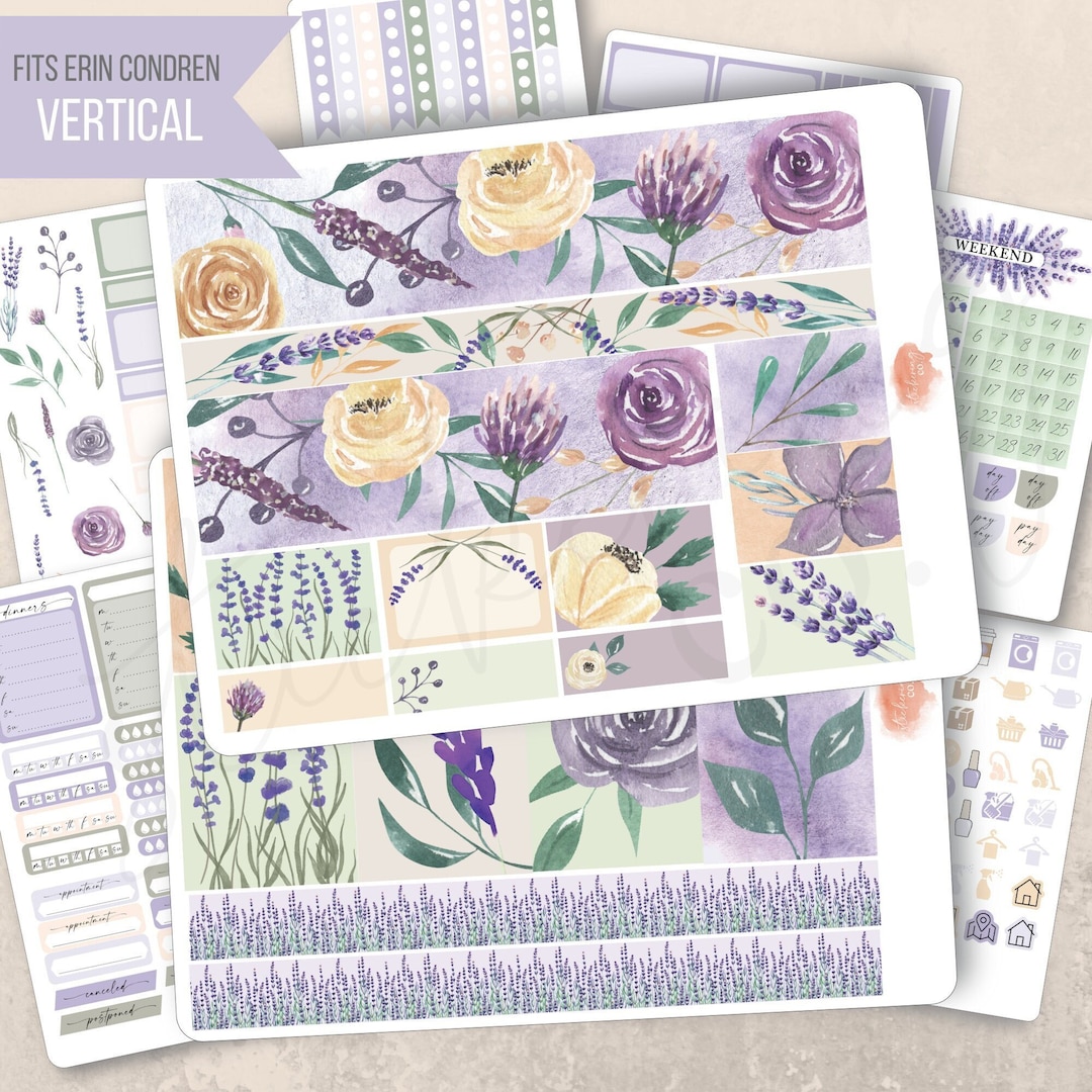 Vertical Lavender & Ivory Floral Weekly Sticker Kit, Erin Condren ...