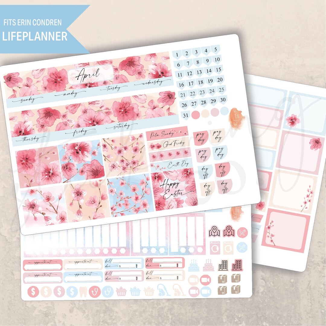 April Cherry Blossoms Monthly Planner 7x9 Sticker Kit, Erin Condren ...