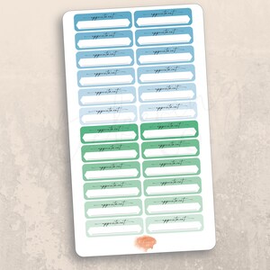 May include: A sheet of 20 blue and green gradient appointment stickers with rounded corners and a white space for writing.