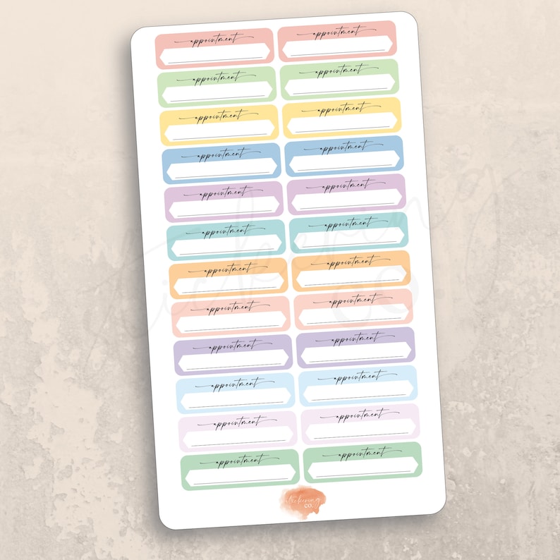 May include: A sheet of pastel colored appointment stickers with rounded corners and a blank space for writing. The stickers are arranged in two columns of 12 stickers each.