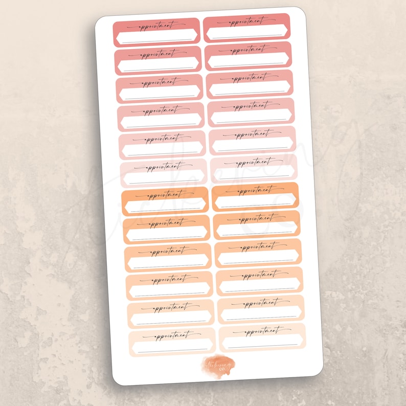 May include: A sheet of 20 peach, orange, and yellow appointment stickers with rounded corners. Each sticker has a blank space for writing in the appointment details. The text "appointment" is printed on each sticker.