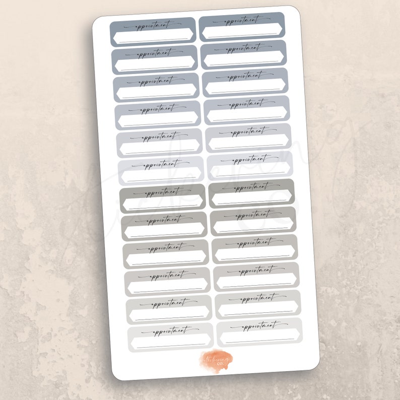 May include: A sheet of 20 gray and blue appointment stickers with rounded corners and a white fill. Each sticker has the word "appointment" written in black cursive.