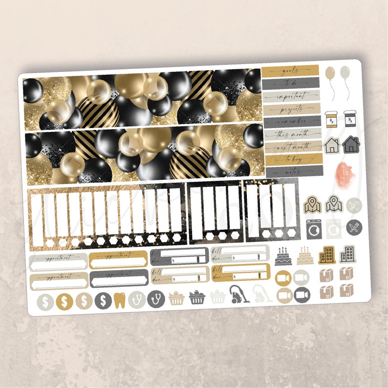 May include: A set of planner stickers featuring a black and gold balloon theme. The stickers include various shapes and sizes of balloons, as well as other planner essentials like boxes, banners, and icons. The stickers are perfect for adding a touch of fun and festivity to your planner.