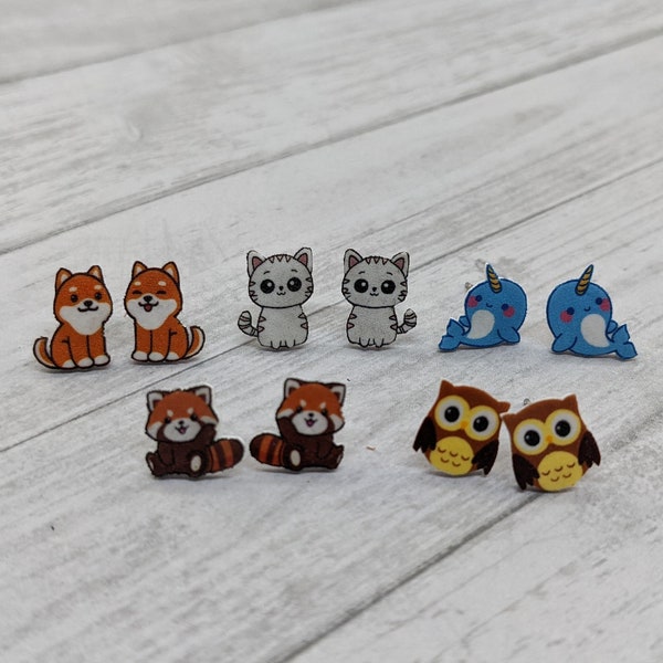 Cute Animal Stud Earrings - Narwhal/ Cat/ Dog/ Red Panda / Owl