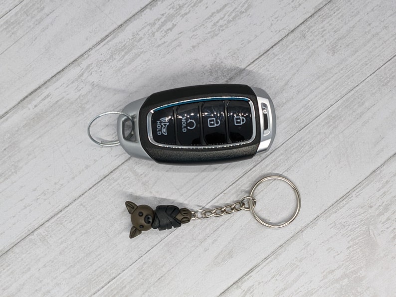 May include: A black car key with four buttons and a silver ring. A brown and black cartoon animal keychain is attached to the key ring.