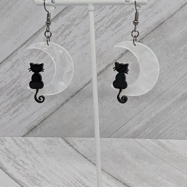 Cat on Crescent Moon Dangle Earrings