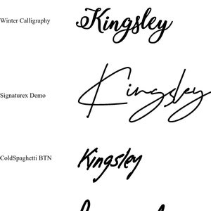 May include: Five different font styles of the name Kingsley, written in black ink on a white background. The fonts range from a simple, elegant script to a more casual, handwritten style. The text "NOTE - This font has NO CAPITAL letters" is written in red below the last font style.