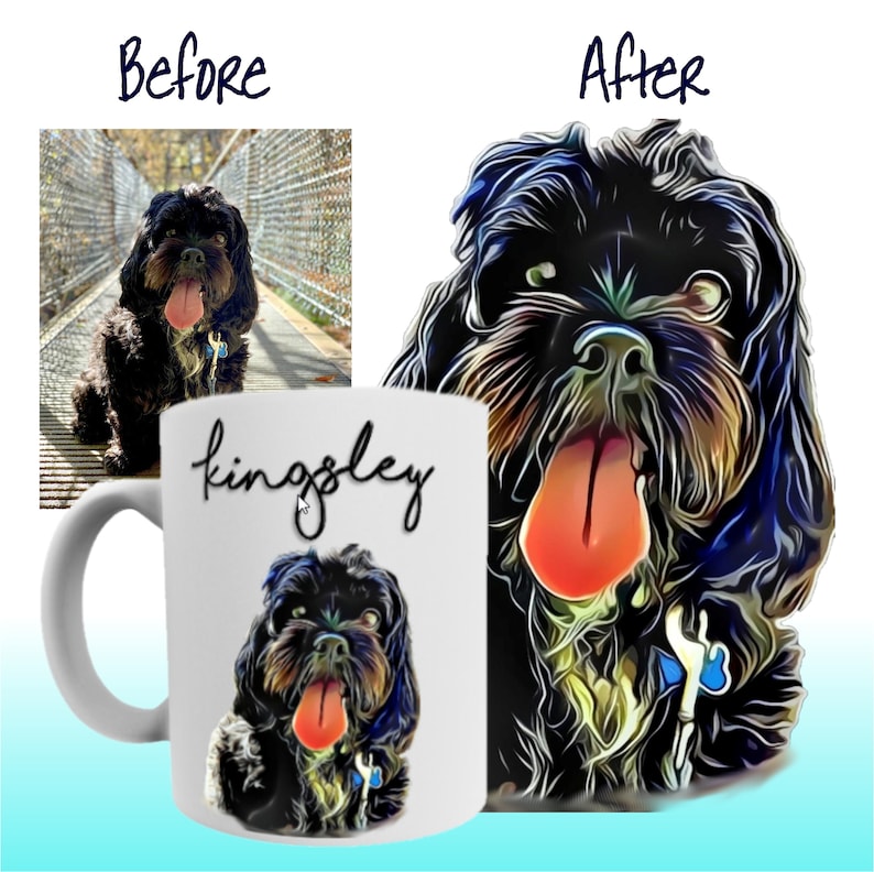 May include: White ceramic mug with a black and white illustration of a dog with its tongue sticking out. The dog's name, "Kingsley", is written in cursive on the mug.