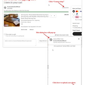 May include: A screenshot of an Etsy shop order confirmation page. The order is for a personalized wood serving tray. The tray is made of rustic wood and has handles. The tray is engraved with the text "NO-Engraving". The tray is natural in color. The order total is $92.94. The shop owner's name is James Miller and the shop name is CustomSteelandWood. The shop owner responds to messages within a few hours. The customer can upload a photo and write a message to the shop owner.