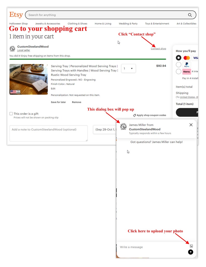 May include: A screenshot of an Etsy shop order confirmation page. The order is for a personalized wood serving tray. The tray is made of rustic wood and has handles. The tray is engraved with the text "NO-Engraving". The tray is natural in color. The order total is $92.94. The shop owner's name is James Miller and the shop name is CustomSteelandWood. The shop owner responds to messages within a few hours. The customer can upload a photo and write a message to the shop owner.