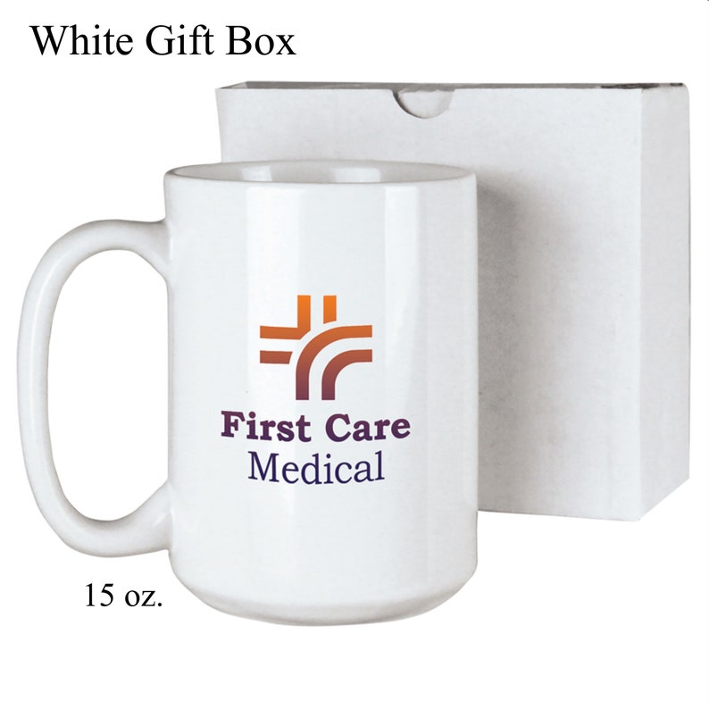 May include: White ceramic mug with a purple and orange logo that says "First Care Medical". The mug is 15 ounces and comes in a white gift box.