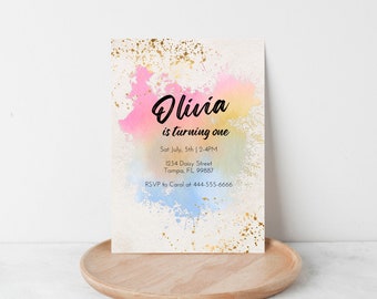 Aquarel verjaardagsuitnodiging, roze, blauw, goud (bewerkbare digitale download)