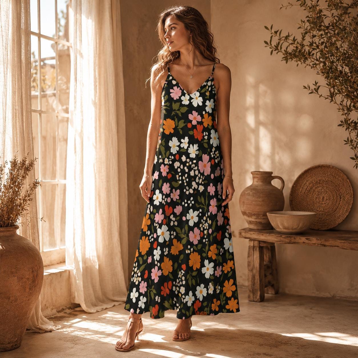 black floral dress for women Ruffle Bardot A Line Indulge in timeless elegance and feminine allure with our Black Floral Print Maxi Dress Black Floral Maxi Dress, Boho