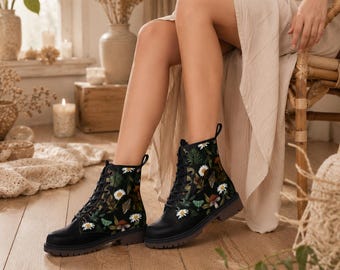 Cottagecore mushroom boots, woodland fairy lace up festival shoes