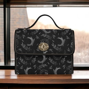 Sac en toile sorcière lune, sac à main céleste sorcière, joli sac cartable en toile sorcière cottagecore, sacoche gothique noire écologique, sac à main Cottage Core