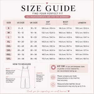 The image is a size guide that provides information on how to measure for different sizes of clothing, including bust, hips, and length. It includes a chart with measurements and corresponding sizes, along with a step-by-step guide on how to measure one's bust, hips, and length.