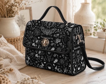 Bolsa de mão estilo bruxa com desenho místico, bolsa gótica celestial, bolsa de ombro de lona impermeável.