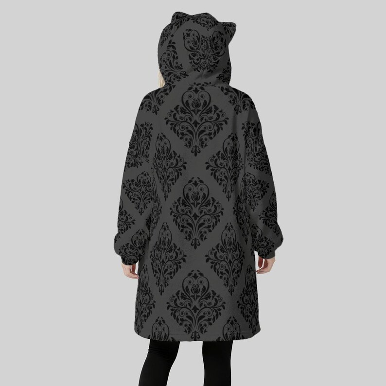 Cat Ear Wearable Blanket Hoodie, Goth Damask Lounger, Cozy Reading Hooded Blanket image 9