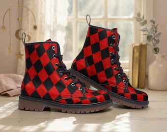 Roodzwarte harlekijn geruite gevechtslaarzen, circuscore platform gothic punkschoenen