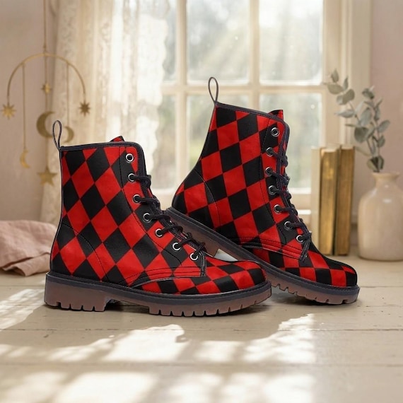 Red Black Harlequin Checker Combat Boots, Circuscore  display picture 1