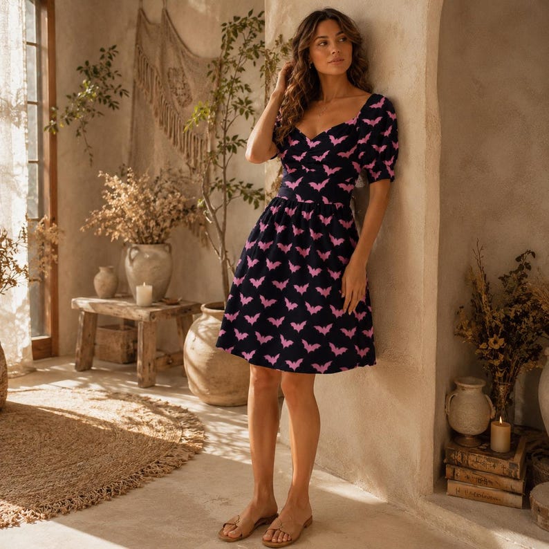 Pink Bat Print Midi Dress, Puff Sleeve Sweetheart Neckline, Pastel Halloween Party Outfit image 4