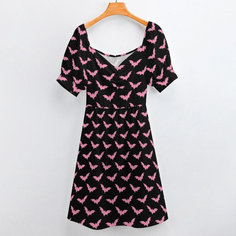 Pink Bat Print Midi Dress, Puff Sleeve Sweetheart Neckline, Pastel Halloween Party Outfit image 10