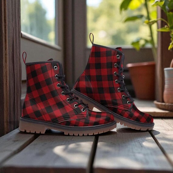 Red Plaid Combat Boots, Punk Tartan Festival Shoes, Grunge  display picture 3