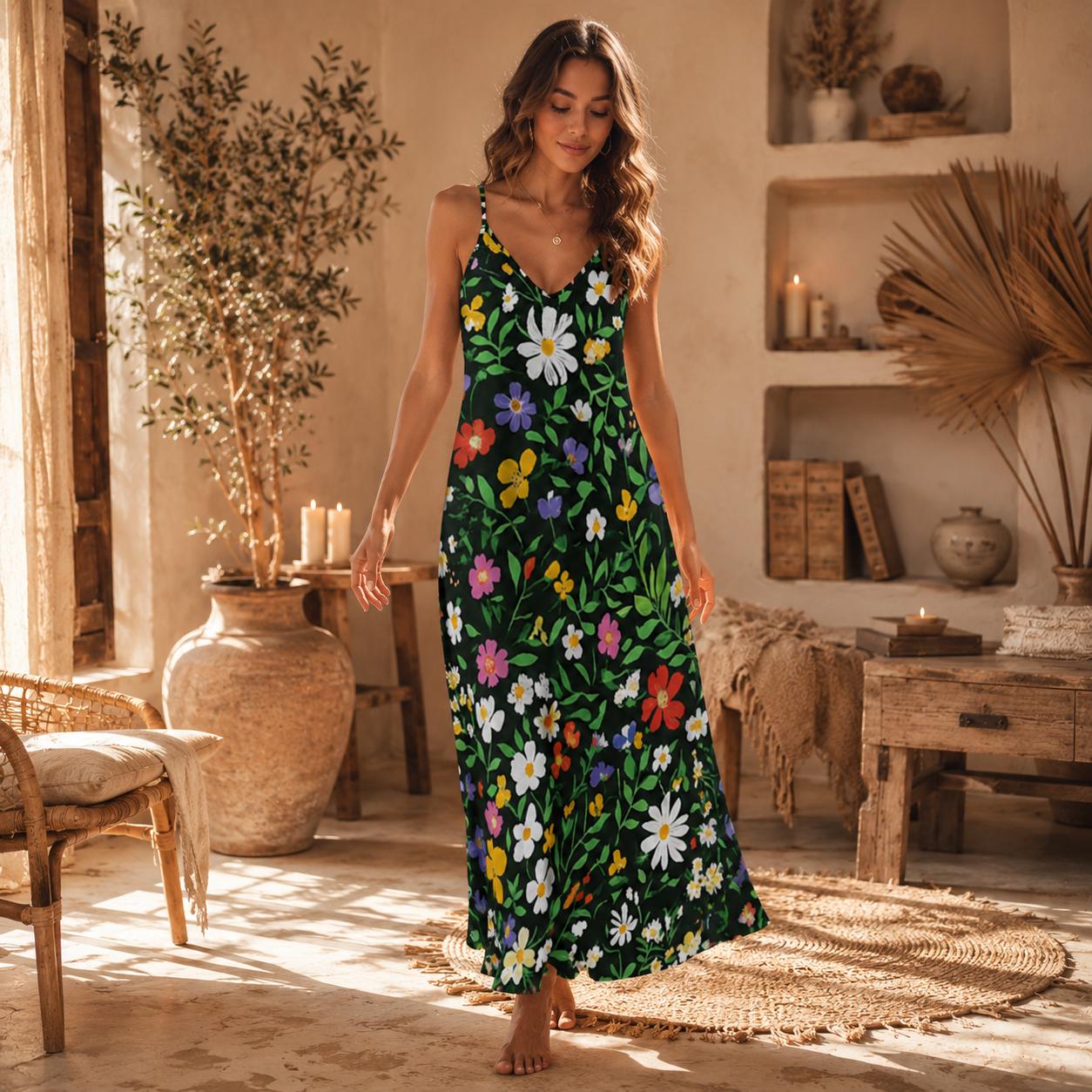 Wildflower Garden Maxi Dress, Green Floral Cottagecore Sundress