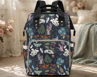 Woodland Diaper Bag Backpack, Cottagecore Mushroom Mom Pack, Forest Nursery Bag