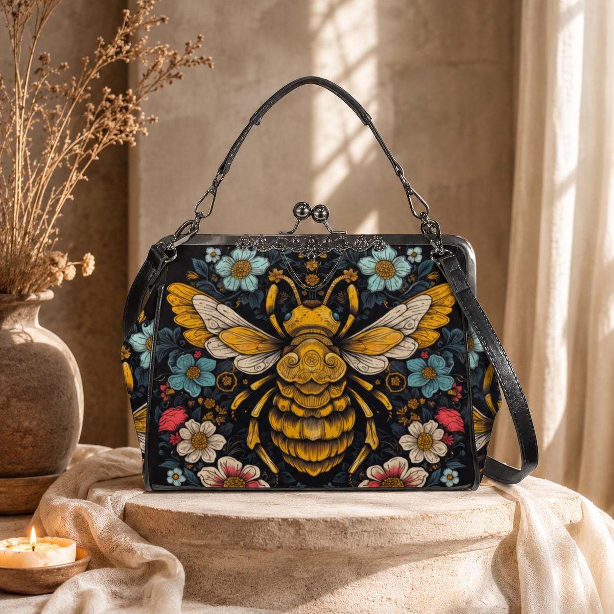 OTOE購入クマバックvintage Honeybee Floral Kisslock Bag, Nature Inspired Purse, Vintage