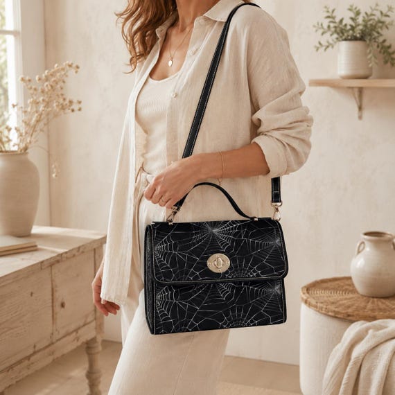 Spiderweb Canvas Satchel Vegan Leather Goth Crossbody Bag