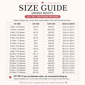 May include: A size guide chart for unisex boots with columns for US size, UK size, EUR size, and insole length in inches and centimeters. The table lists sizes from 3 Men/4.5 Women to 12.5 Men/14 Women, including a fit tip to size up if between sizes.