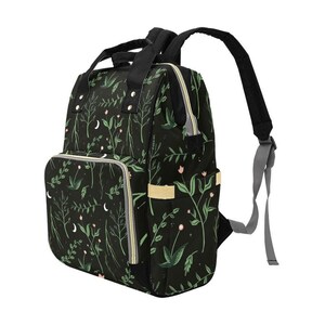 Crescent Moon Diaper Bag: Forest Green Botanical Print, Insulated Bottle Pockets (Nylon) image 6