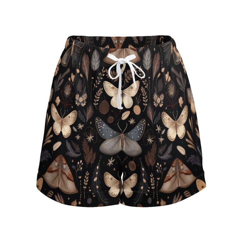 Celestial Moth Lounge Shorts, Dark Cottagecore Pajama Shorts, Witchy Sleepwear, Moon Star Print image 4