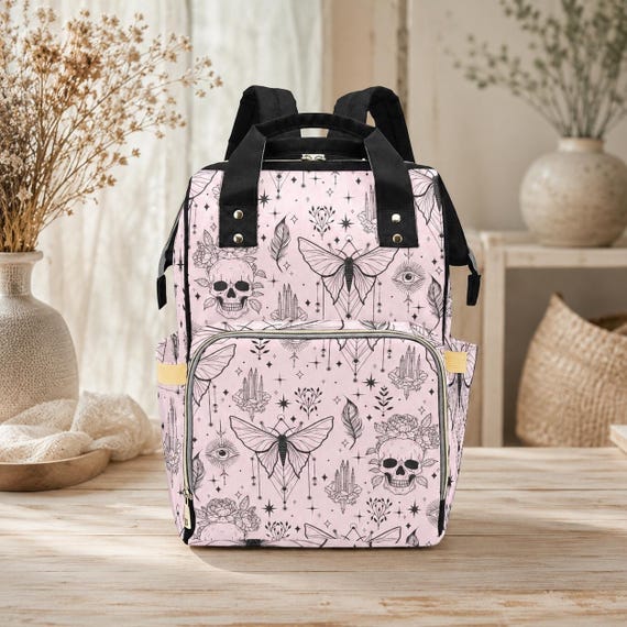 Goth Diaper Bag Backpack, Pink Moth Skull Print Baby Travel Bag, Witchy Mom Gift
