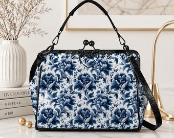 Blue Floral Kiss Lock Purse, Chinoiserie Porcelain Print Handbag, Vintage Style Crossbody Bag