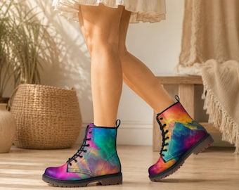 Pastel Rainbow Vegan Leather Combat Boots, Platform, Festival, Edgy, Unisex, Rave, Statement