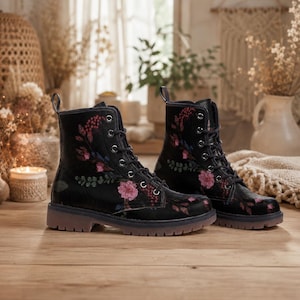 Dark Floral Combat Boots, Gothic Lace-Up Punk Ankle Footwear