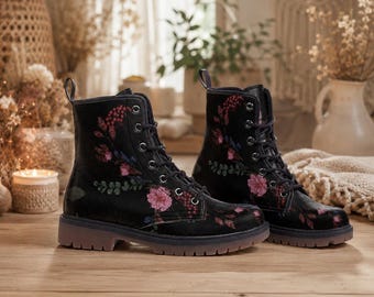 Gevechtslaarzen met donkere bloemen, gothic punk enkelschoenen met veters