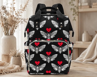 Skull Moth Diaper Bag Backpack, Gothic Baby Travel Organizer, Dark Nursery Alternative Stroller Bag